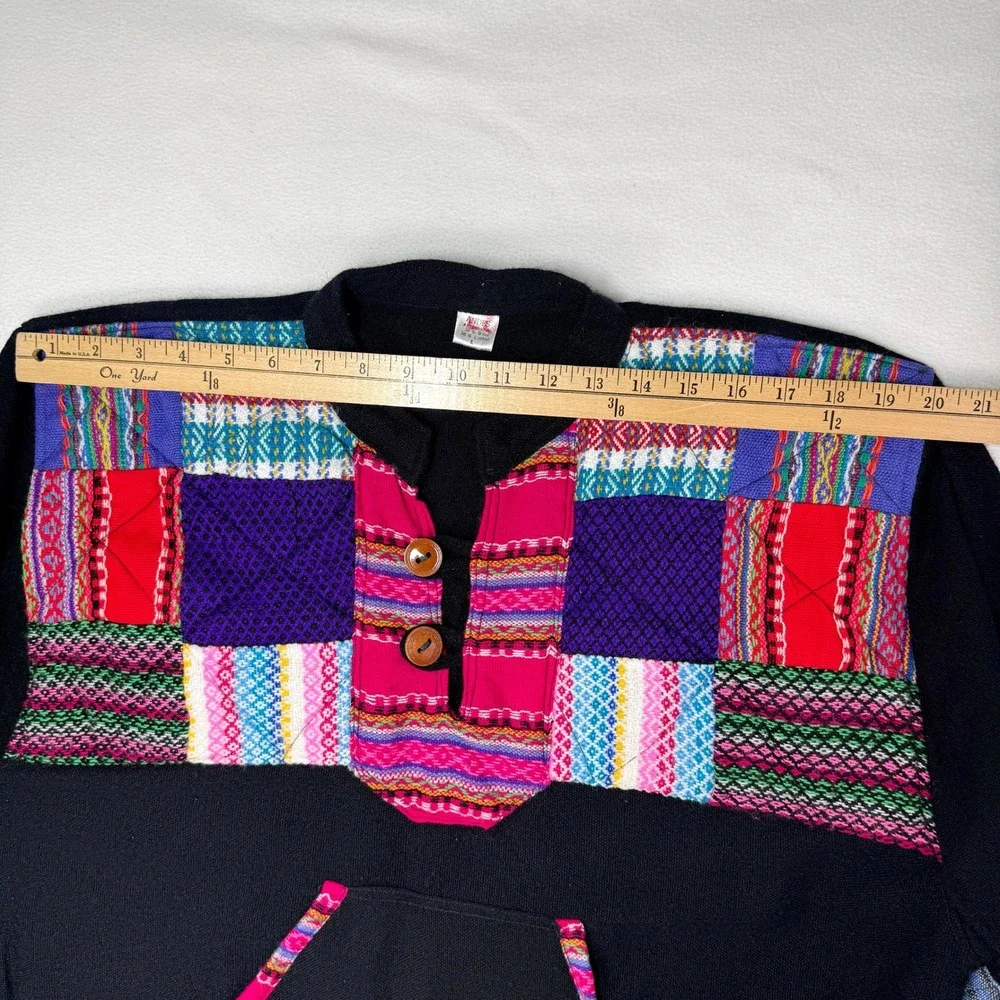 Andes Artesanias Vintage Wool Cotton Patchwork Henley Pullover‎ Sweater Black L - Picture 10 of 10